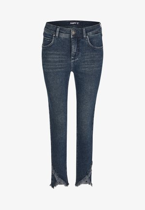 Dunkelblaue Jeans aus Denim mit schmaler Passform, ausgefransten Säumen und dezentem Ausbleichen, fünf Taschen und einem Knopfverschluss an der Taille.