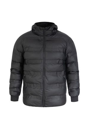 Giacca a vento nera con zip frontale, colletto alto e polsini a costine. Presenta sezioni trapuntate, texture liscia e un marchio discreto su tutta la superficie.