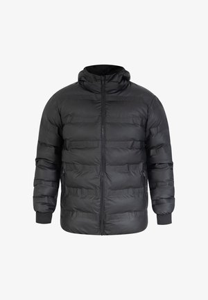 Schwarze Daunenjacke mit durchgehendem Reißverschluss, hohem Kragen und gerippten Bündchen. Verfügt über gesteppten Abschnitte, eine glatte Textur und dezentes Branding.
