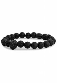 Bracciale in pietra lavica con sfere nere tonde dal superficie texturizzata e un elemento centrale intagliato. Design leggero e flessibile.