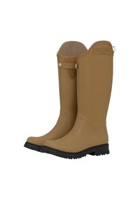 Kalosze do kolan w beżowym kolorze z teksturowanym wnętrzem, czarną podeszwą i dekoracyjnym paskiem z metalowym akcentem.