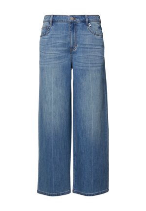 Wijduitlopende blauwe denim jeans met een sluiting aan de voorkant met knopen, een klassieke vijf-pocketdesign en subtiele vervaging langs de benen.