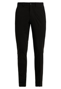 Svarta skräddarsydda slim-fit-byxor med bältesöglor, knappstängning framtill och sidfickor, uppställda på en enfärgad vit bakgrund.