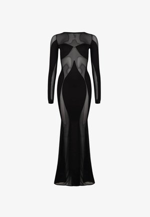 Sort kjole med lange ærmer, gennemsigtige meshpaneler på siderne, tætsiddende pasform, gulvlængde, glat tekstur og rund halsudskæring.