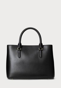 Crna kožna torba s čvrstim dizajnom, zaobljenim ručkama i metalnim detaljima u zlatnoj boji. Glatka tekstura, pravokutni oblik.