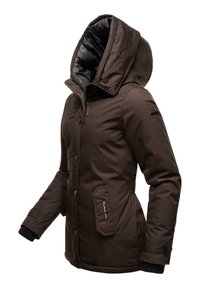 Brown, hooded jacket with a zip and snap closure, featuring side pockets and textured cuffs. Interior lined with black material.