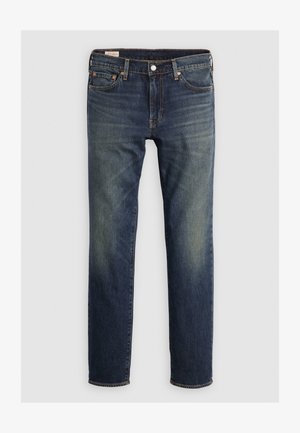 Dark blue denim jeans with a straight-leg design, five pockets, visible stitching, and a faded effect on the thighs. Metal button closure.