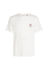 T-shirt bianca in cotone con maniche corte, scollo rotondo e un piccolo logo grafico rosso nella zona sinistra del petto.