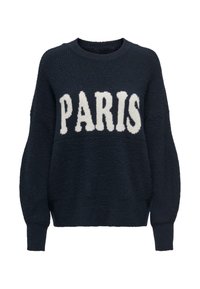Tumed sinine kampsun pehme tekstuuriga, millel on ees valgete tähtedega "PARIS", ümmargune kaelus ja pikad varrukad.