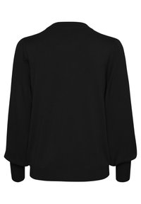 Black pullover with long, puffed sleeves and ribbed cuffs. Smooth fabric, simple round neckline, and no additional design elements.