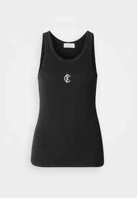 Crni top bez rukava s rebrastom teksturom i okruglim izrezom. Istaknuti bijeli Calvin Klein logo na prsima. Jednostavan, prilagođen dizajn.