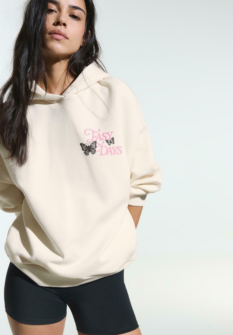 Sweat Capuche Bershka Femme - Beige Graphique - Taille S - 60% Coton 40% Polyester