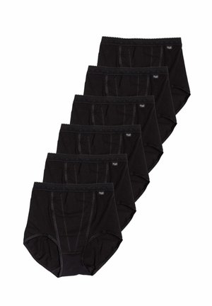 Sei slip da donna neri a vita alta con fasce rifinite in pizzo disposti a pila sfalsata su sfondo bianco.