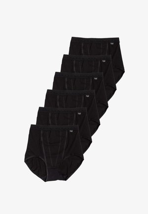 Sei slip da donna neri a vita alta con fasce rifinite in pizzo disposti a pila sfalsata su sfondo bianco.