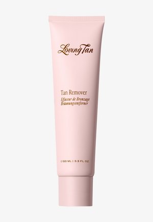 Loving Tan Tan Remover tube, lyserød, 100 ml, med brun tekst på engelsk, fransk og tysk på ren hvid baggrund.