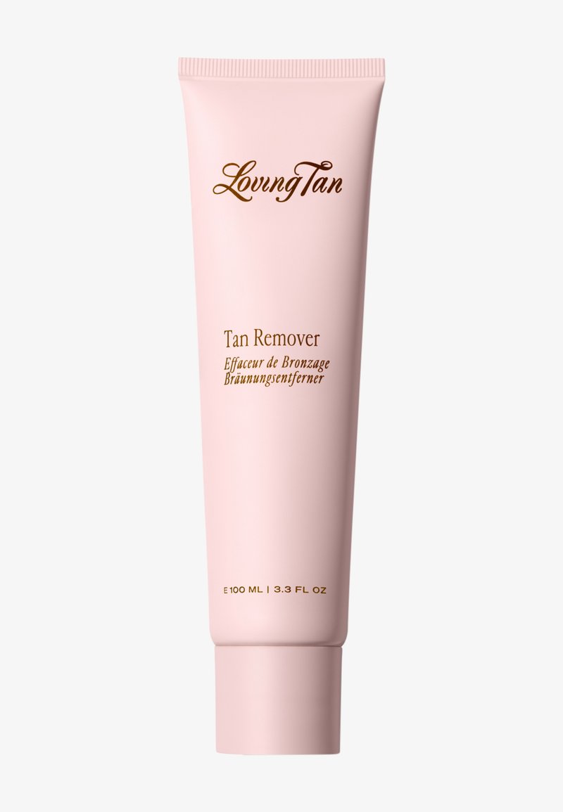 Loving Tan Tan Remover-tube, lichtroze, 100 ml, met bruine tekst in het Engels, Frans en Duits op een schone witte achtergrond.