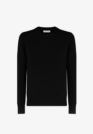 Maglione nero in maglia a coste con scollo rotondo, maniche lunghe e superficie strutturata. Presenta un orlo aderente e polsini per una vestibilità precisa.