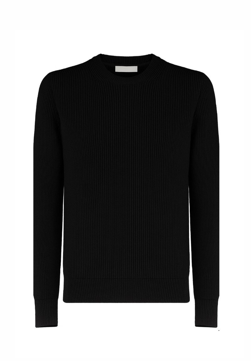 Maglione nero in maglia a coste con scollo rotondo, maniche lunghe e superficie strutturata. Presenta un orlo aderente e polsini per una vestibilità precisa.