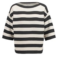 Sweter z pulowerem w paski, z czarnymi i kremowymi poziomymi paskami, luźnym krojem, szerokimi rękawami i prążkowanym dekoltem. Dzianinowa faktura.