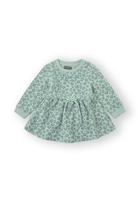 Vestido de manga larga en verde menta con estampado de leopardo, falda fruncida y detalle de lazo a rayas verdes en la cintura. Tejido suave con puños acanalados.