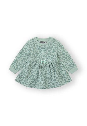 Vestido de manga larga en verde menta con estampado de leopardo, falda fruncida y detalle de lazo a rayas verdes en la cintura. Tejido suave con puños acanalados.