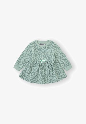 Vestido de manga larga en verde menta con estampado de leopardo, falda fruncida y detalle de lazo a rayas verdes en la cintura. Tejido suave con puños acanalados.