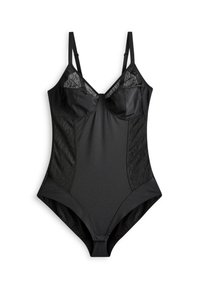 Body noir avec bonnets moulés, bretelles réglables et accents en dentelle. Tissu lisse avec des panneaux latéraux texturés, bord inférieur sans couture.
