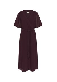 V-hals, wikkeljurk in donker bordeaux met korte vleugelmouwen en een strikceintuur op de taille. Gemaakt van lichtgewicht, vloeiend materiaal.