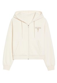 Felpa con zip crema, dotata di tasca frontale, cappuccio con cordino, polsini a costine e logo "GUESS" ricamato in oro. Materiale in cotone morbido.