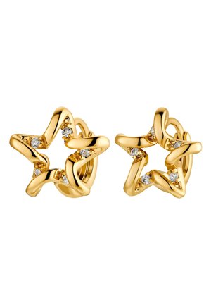 Gold star-shaped earrings with twisted design, featuring small, embedded clear stones that add sparkle to the surface.