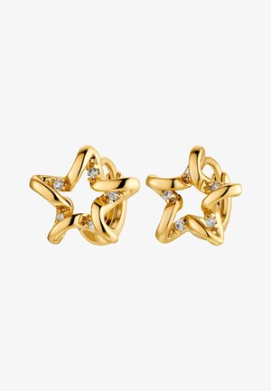 Złote kolczyki w kształcie gwiazdy z twisted design, z małymi osadzonymi przezroczystymi kamieniami, które dodają blasku powierzchni.