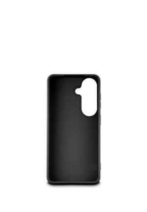 Schwarze Smartphone-Hülle mit großem, abgerundet rechteckigem Ausschnitt für die Kamera in der oberen rechten Ecke, stehend gezeigt.