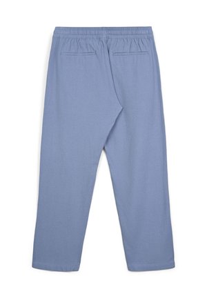 Hellblaue, locker sitzende Hose mit elastischem Bund, zwei Gesäßtaschen und glattem Stoff. Die Hose hat ein gerades Bein.
