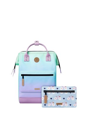 Pastel gradient backpack with lavender handles and front pocket, accompanied by a light blue floral and heart patterned zip pouch.
