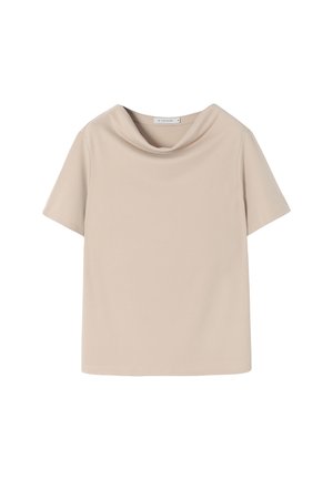 Beige Kurzarmoberteil mit Schalkragen, aus weichem Stoff gefertigt. Gerader Schnitt ohne zusätzliche Muster oder Verzierungen.