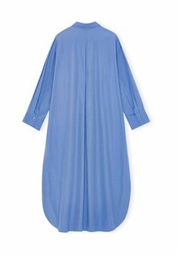 Camicia da uomo a maniche lunghe blu con colletto a bottoni, orlo arrotondato e vestibilità comoda, realizzata in stoffa leggera. Il retro presenta una cucitura centrale.