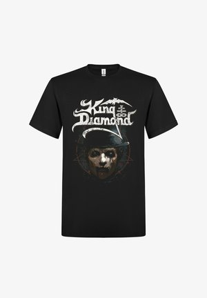 Mustapohjainen puuvillainen t-paita, jossa on graafinen painatus pääkallokasvoisesta hahmosta bowler-hatussa ja valkoinen "King Diamond" -teksti tyylitellyllä fontilla.