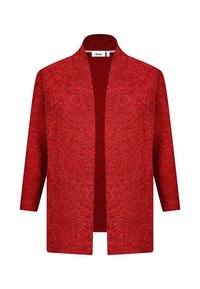 Roter strukturierter Kimono-Jacke im Stil mit geradem Schnitt und offener Vorderseite. Hat mittellange Ärmel und eine schimmernde Oberfläche.