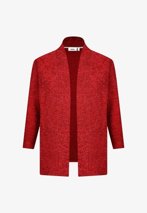 Red textured kimono-style jacket with a straight silhouette and open front. Features mid-length sleeves and a shimmering surface.