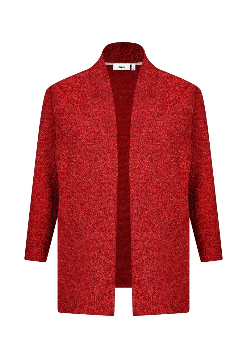 Roter strukturierter Kimono-Jacke im Stil mit geradem Schnitt und offener Vorderseite. Hat mittellange Ärmel und eine schimmernde Oberfläche.