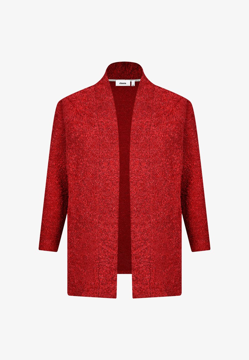 Roter strukturierter Kimono-Jacke im Stil mit geradem Schnitt und offener Vorderseite. Hat mittellange Ärmel und eine schimmernde Oberfläche.