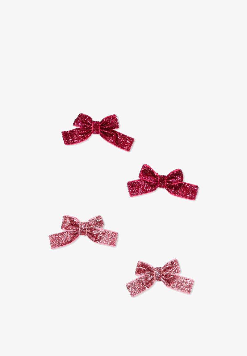 Quatre nœuds brillants roses, deux roses foncés et deux roses clairs, disposés sur un fond blanc selon un motif dispersé.