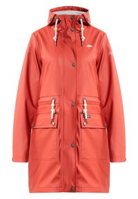 Red waterproof raincoat with a hood, front pockets, decorative toggles, and snap closures. Smooth texture and relaxed fit design.