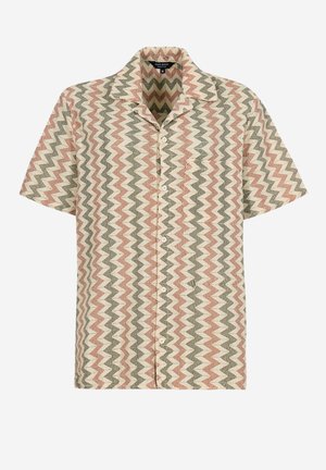 Short-sleeve shirt featuring a zigzag pattern in pink, green, and cream colors, made of textured fabric with a button-down front.