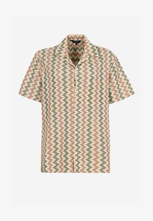 Short-sleeve shirt featuring a zigzag pattern in pink, green, and cream colors, made of textured fabric with a button-down front.