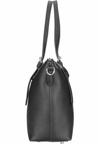 Czarna torebka z teksturowanej skóry, z dwiema długimi rączkami, okrągłym kształtem i akcentami ze srebrnego metalu. Posiada zamek błyskawiczny oraz metalowe nóżki.
