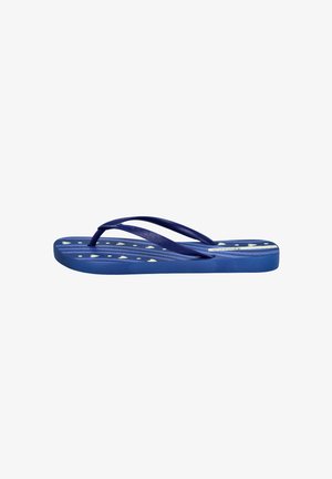 Chancla azul tipo flip-flop con tiras finas, decorada con pequeños corazones blancos y patrones de rayas en la suela.