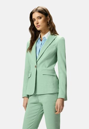 Donna con lunghi capelli castani che indossa un blazer verde menta sartoriale e pantaloni coordinati sopra una camicia blu a collo, posando davanti a uno sfondo chiaro uniforme.