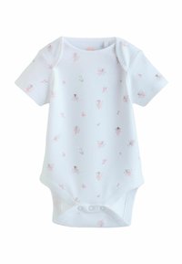 Baltas trumpomis rankovėmis romperis iš minkšto medvilnės audinio, su gėlių ir fėjų raštu rožinėje ir žaliame spalvų derinyje. Apačioje yra spaudėjas užsegimas.