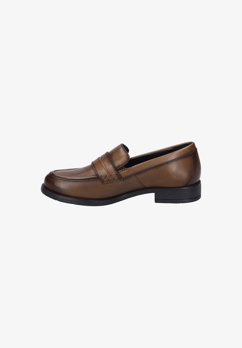Braune Lederschuhe mit glatter Oberfläche, die eine gestickte Akzentuierung über den Spann und einen niedrigen Gummisohle aufweisen. Seitliche Ansicht dargestellt.
